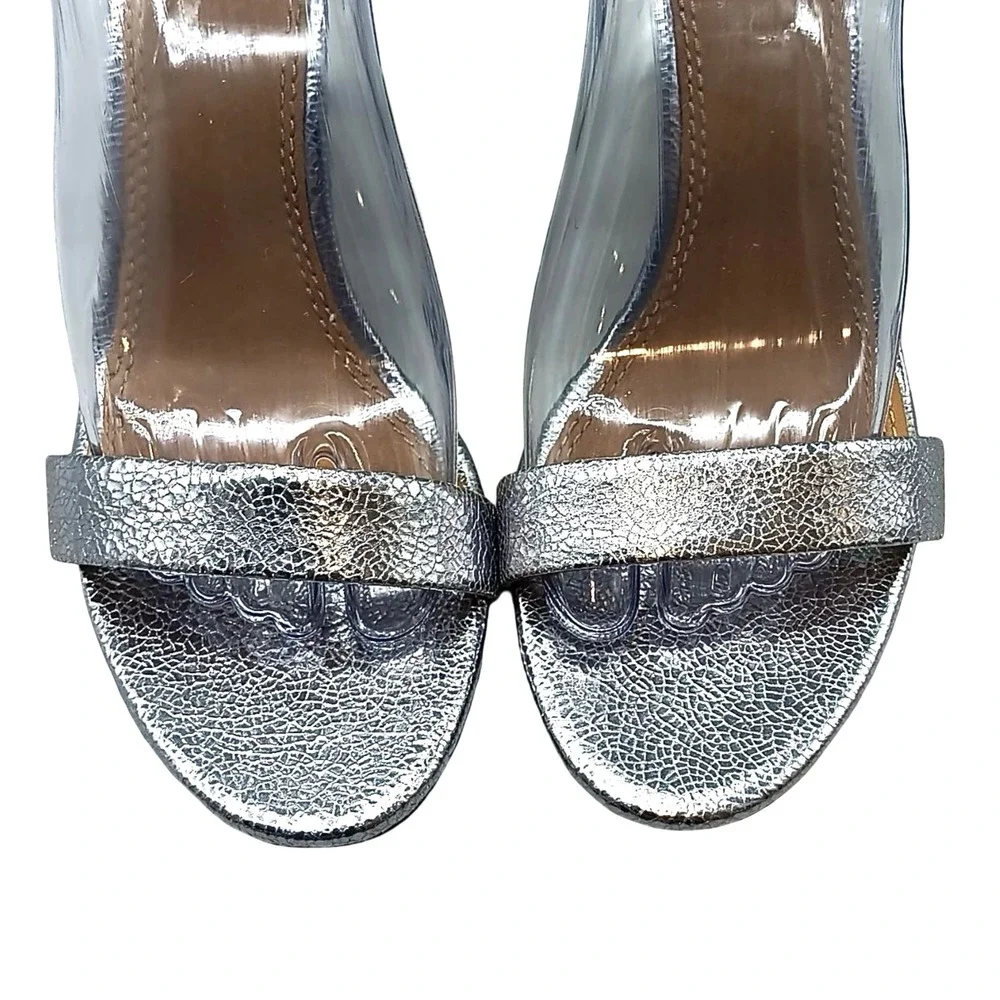 Tory Burch Metallic Silver Leather Ankle Strap Heels Sandals Size 9 Stiletto